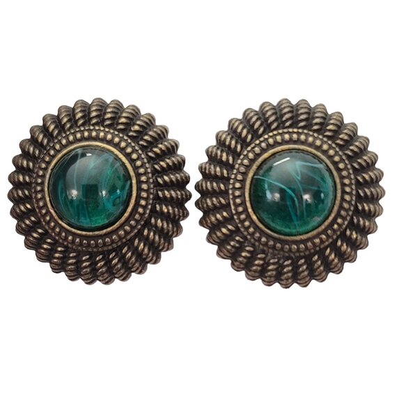 Ben Amun Flawed Emerald Green Glass Cab Clip-On Earrings, Signed E639 - Picture 3 of 14